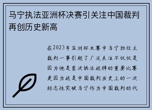 马宁执法亚洲杯决赛引关注中国裁判再创历史新高